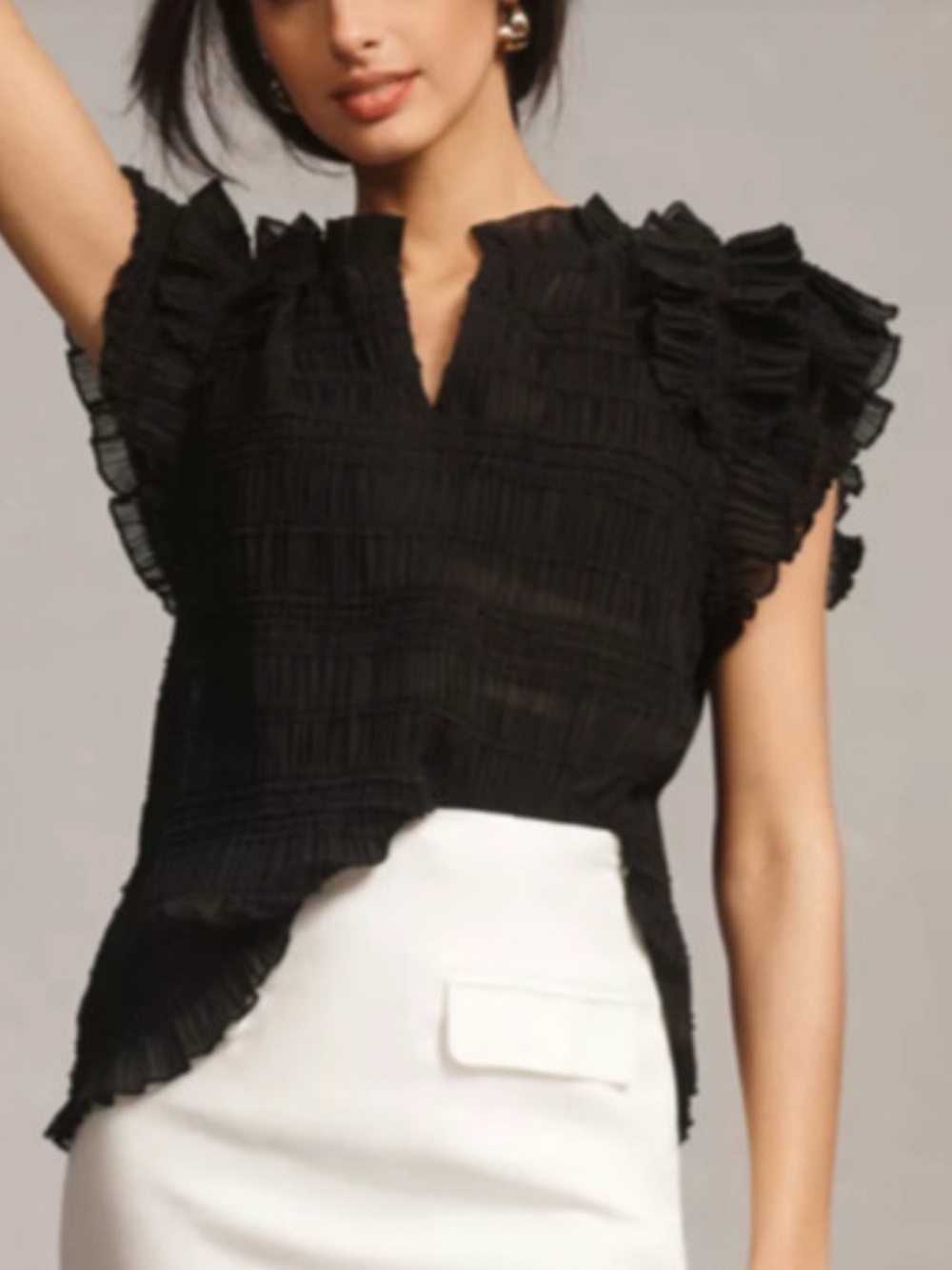 Sarah Hann Sheer Ruffle  Black Blouse - Size Medium